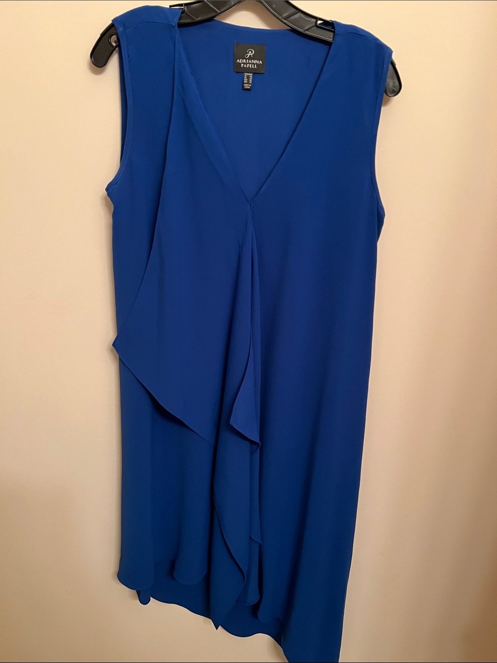 Adrianna Papell Cobalt Blue Sleeveless V-Neck Midi Dress with Front Ruffle